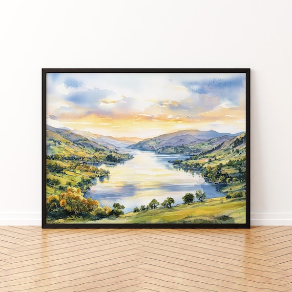 Ullswater England Watercolor Travel Poster, Lake District