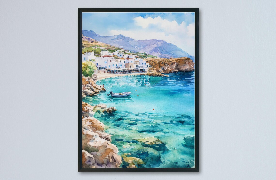 Crete Greece Coastal Village Turquoise Bay Watercolor Travel Poster