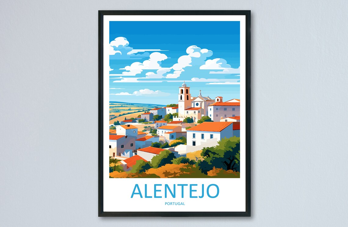 Alentejo Portugal Sunlit Hilltop Village Landscape Travel Poster