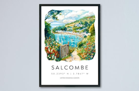 Salcombe Devon UK Harbor Sailboats Watercolor Coastal Village Travel Poster