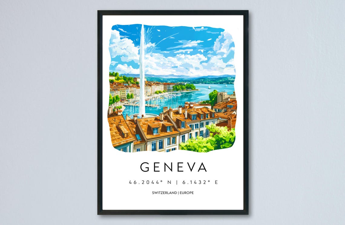 Geneva Switzerland Water Jet Lake View Watercolor City Poster