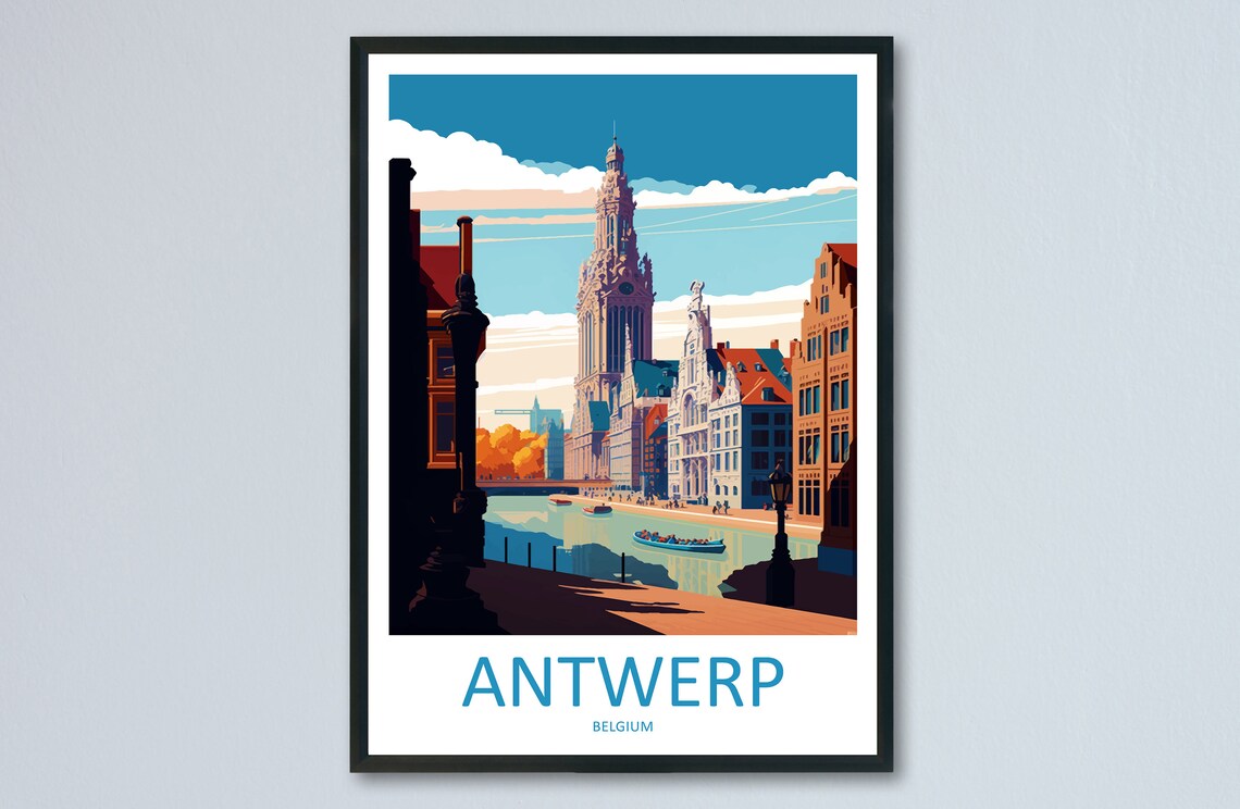 Antwerp Belgium Riverfront Cathedral Old Town Skyline Travel Poster