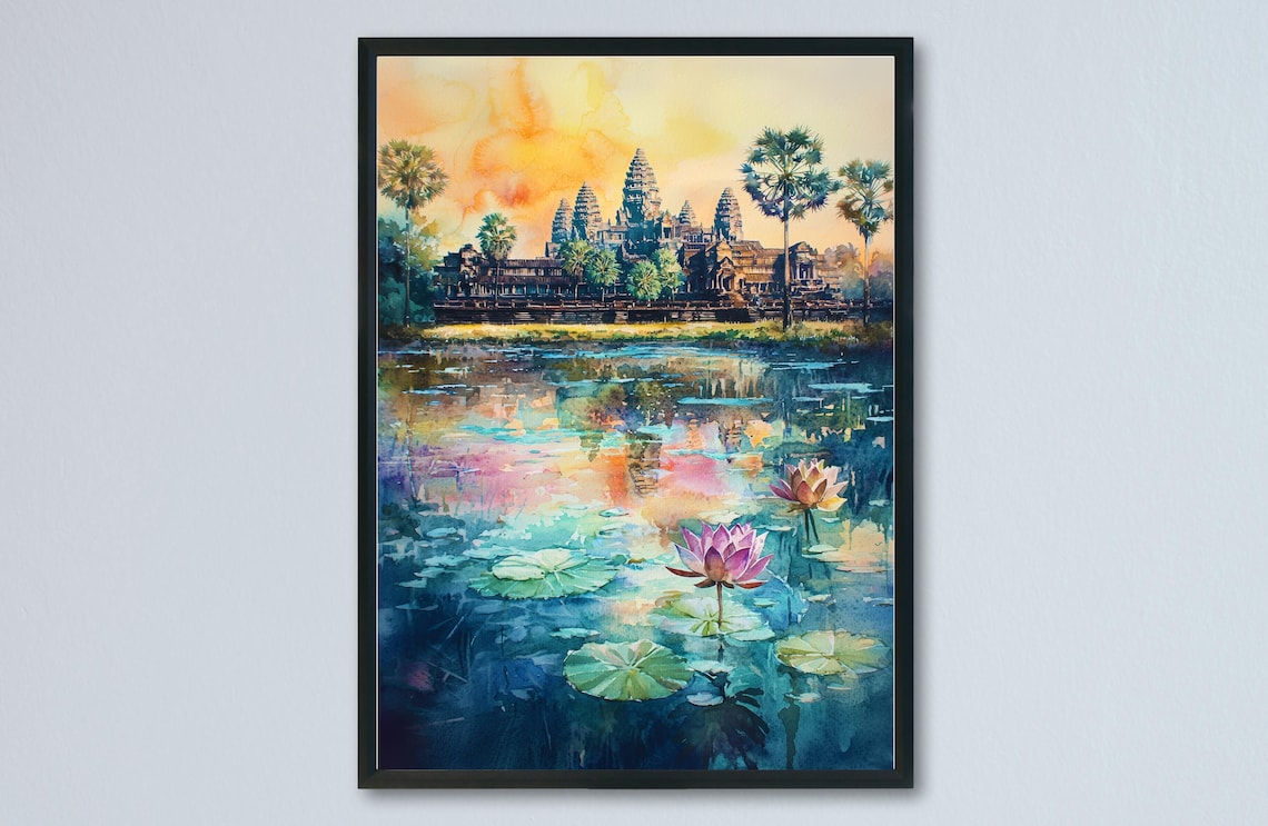 Angkor Wat Temple Sunset Lotus Pond Watercolor Cambodia Poster