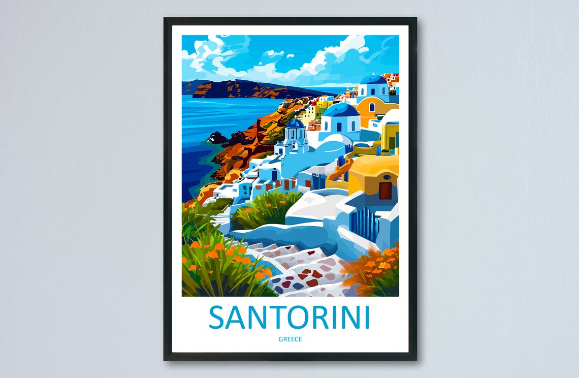 Santorini Greece Blue Domes Caldera View Vintage Travel Poster