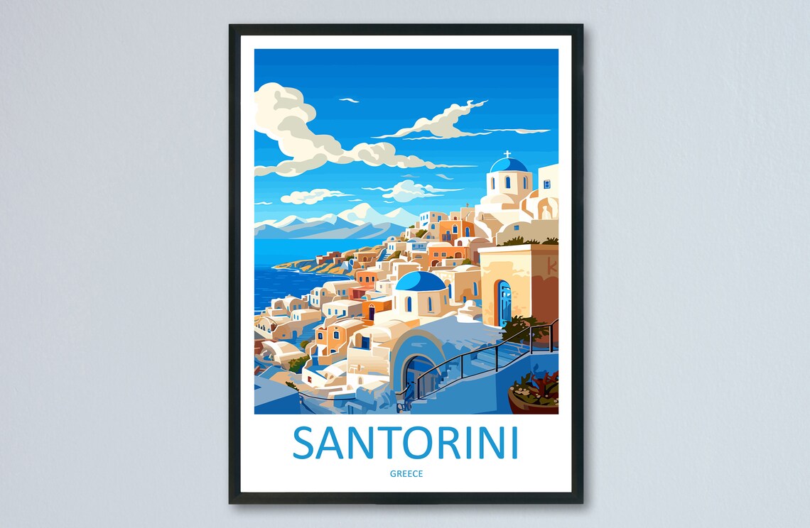 Santorini Greece Blue Domes Whitewashed Village Travel Poster