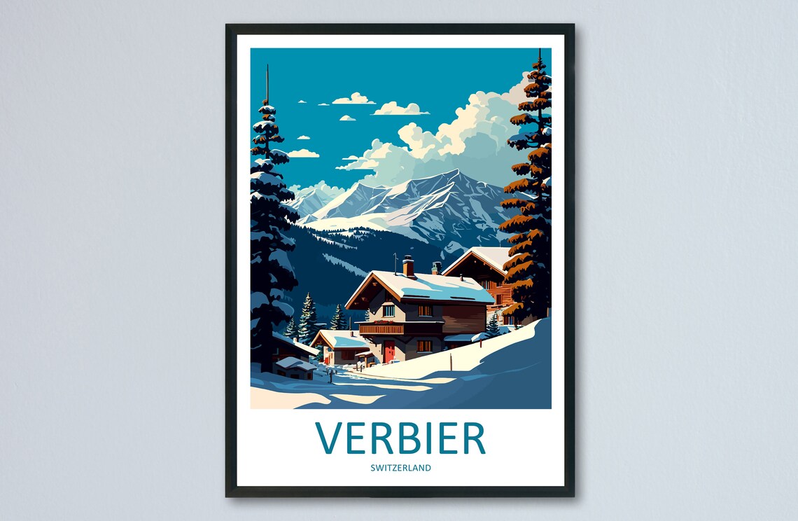 Verbier Travel Poster, Skiing Art for Home Decor