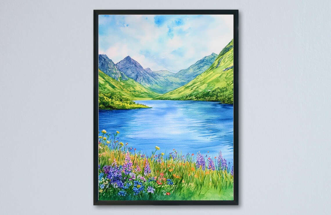 Glencoe Valley Scotland Mountain Lake Wildflower Landscape Poster
