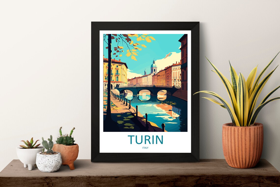 Turin Italy Autumn Canal Bridge Evening Vintage Travel Poster - Image 3