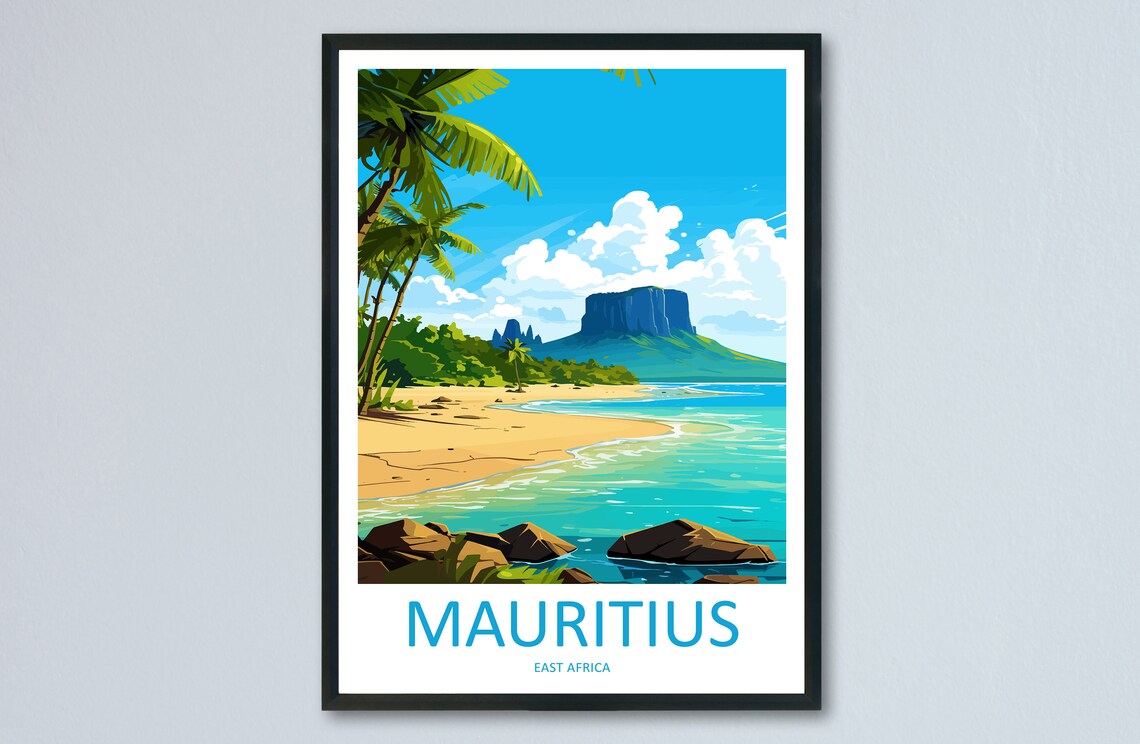 Mauritius Daytime Palm Beach Island Mountain Beach View Poster