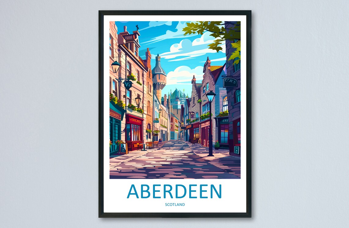 Aberdeen Scotland Historic Old Town Street Vintage Travel Poster