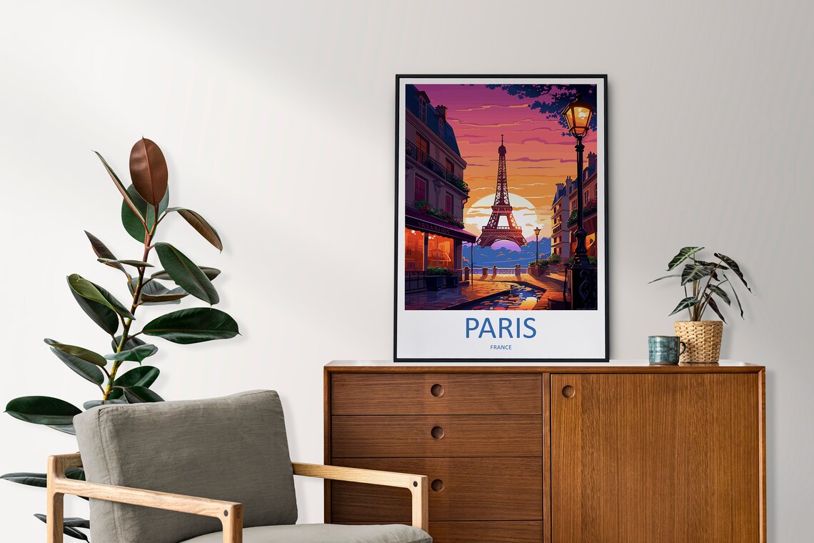 Paris Eiffel Tower Sunset Cafe Street Illustrated Travel Poster - Image 2