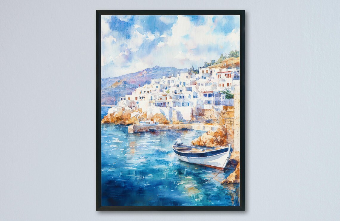 Naxos Greece Watercolor Harbor Village Poster Whitewashed Coast
