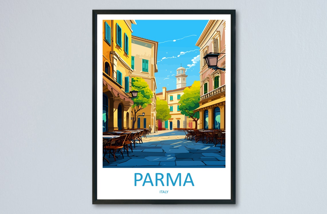 Parma Italy Sunlit Piazza with Cafes and Historic Tower Travel Poster