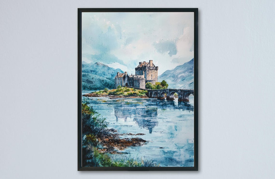 Eilean Donan Castle Loch Stone Bridge Scottish Watercolor Poster