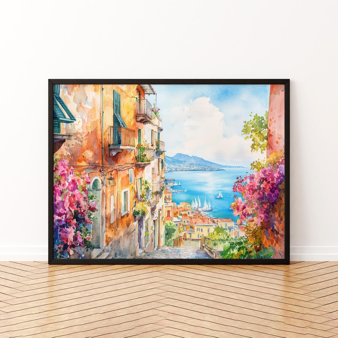 Italian Coastal Alley Bougainvillea Sparkling Bay Watercolor Travel Poster