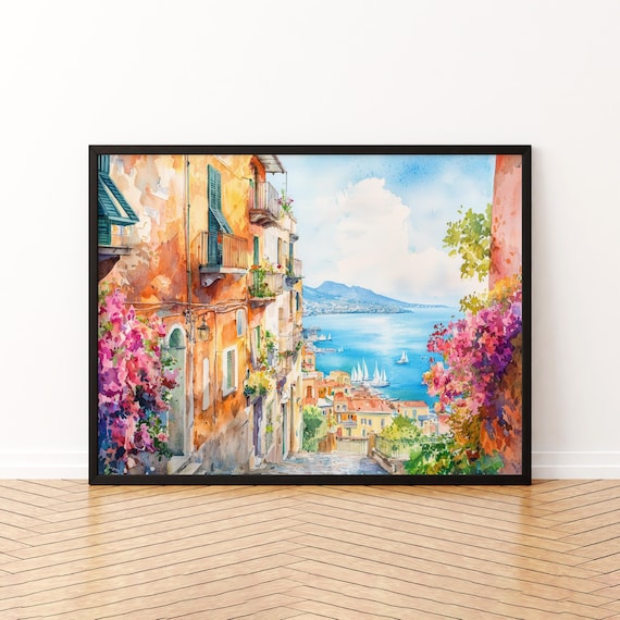 Italian Coastal Alley Bougainvillea Sparkling Bay Watercolor Travel Poster