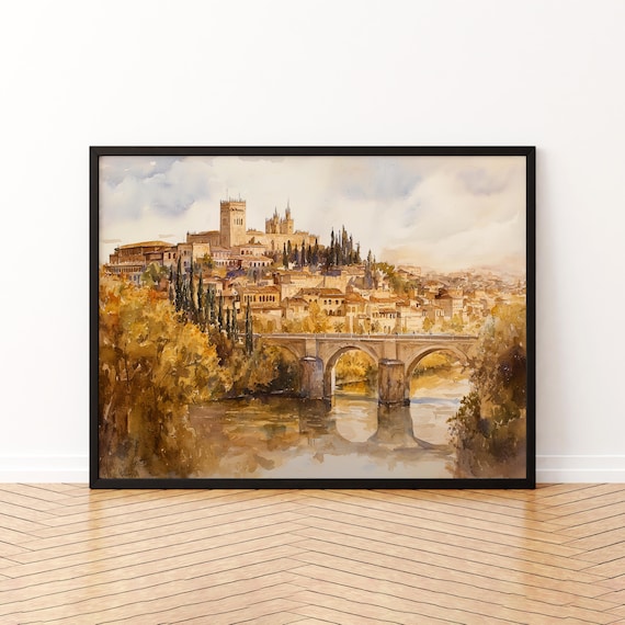 Toledo Spain Watercolor Cathedral Hill and Old Stone Bridge Poster