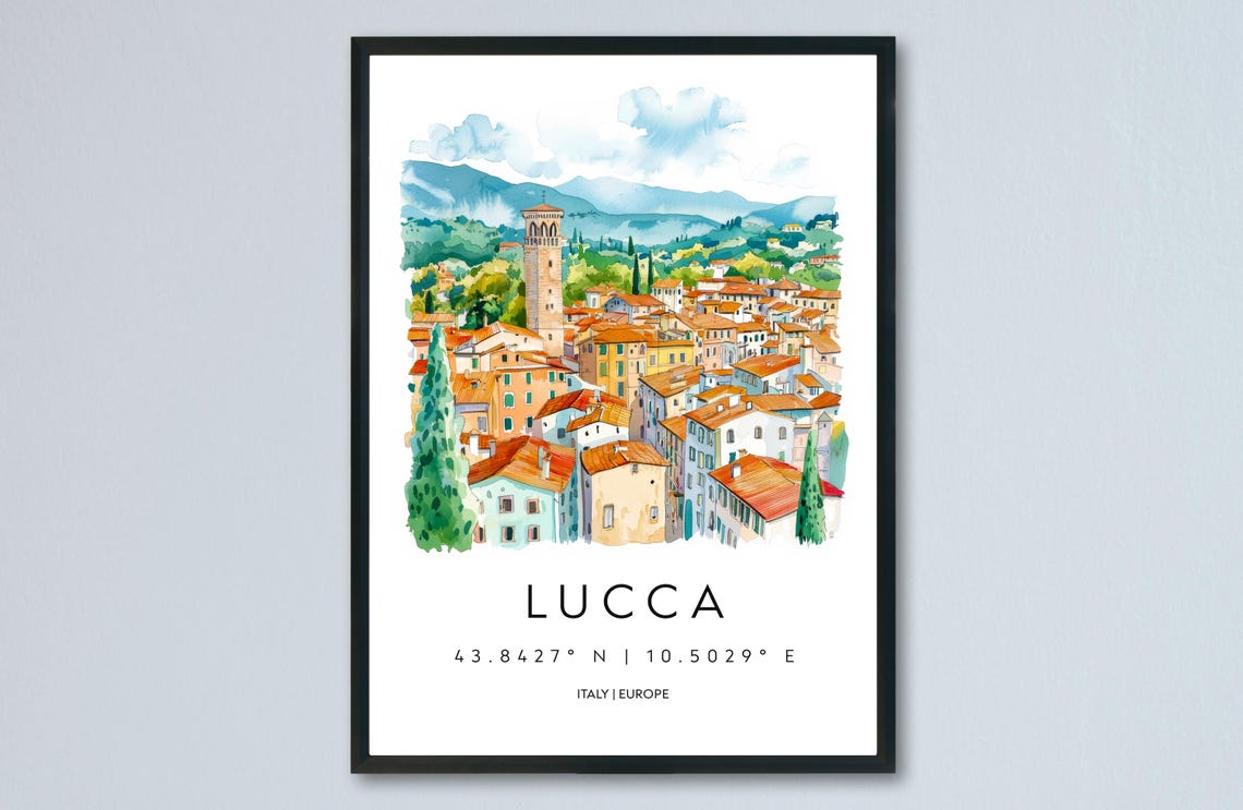 Lucca Italy Watercolor Old Town Skyline Travel Souvenir Poster