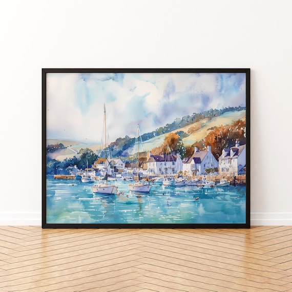 Salcombe Harbor Watercolor Sailboats Coastal England Village Seascape Poster