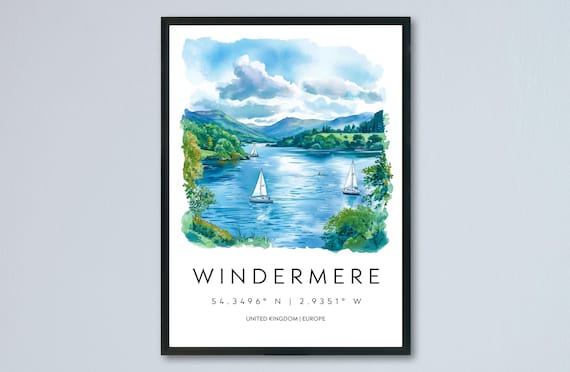 Windermere Lake District England Watercolor Sailing Scene Poster