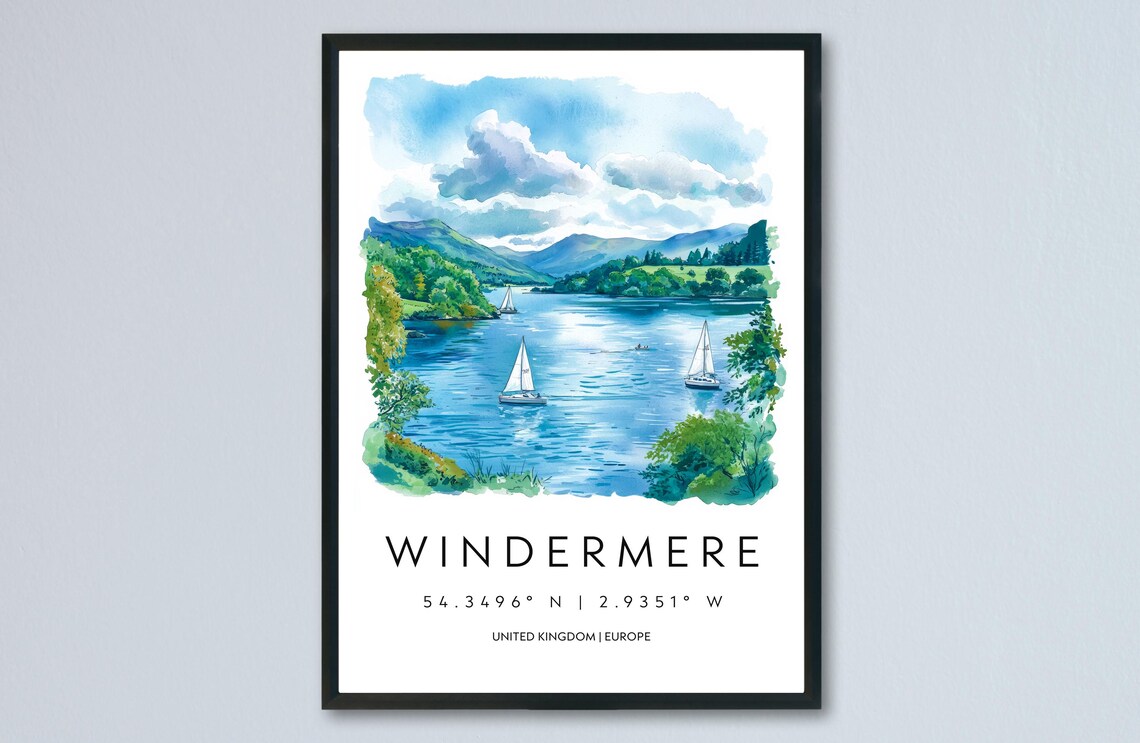 Windermere Lake District England Watercolor Sailing Scene Poster