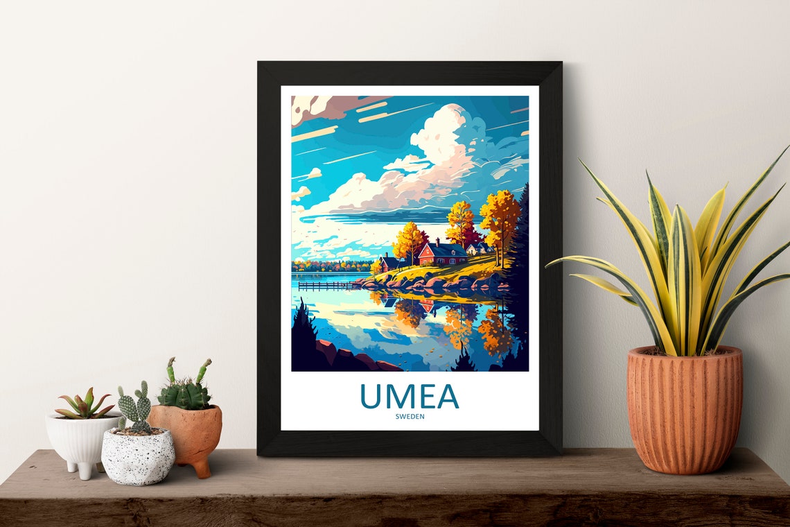 Umea Sweden Golden Autumn Lakeside Cabin Reflections Travel Poster - Image 3