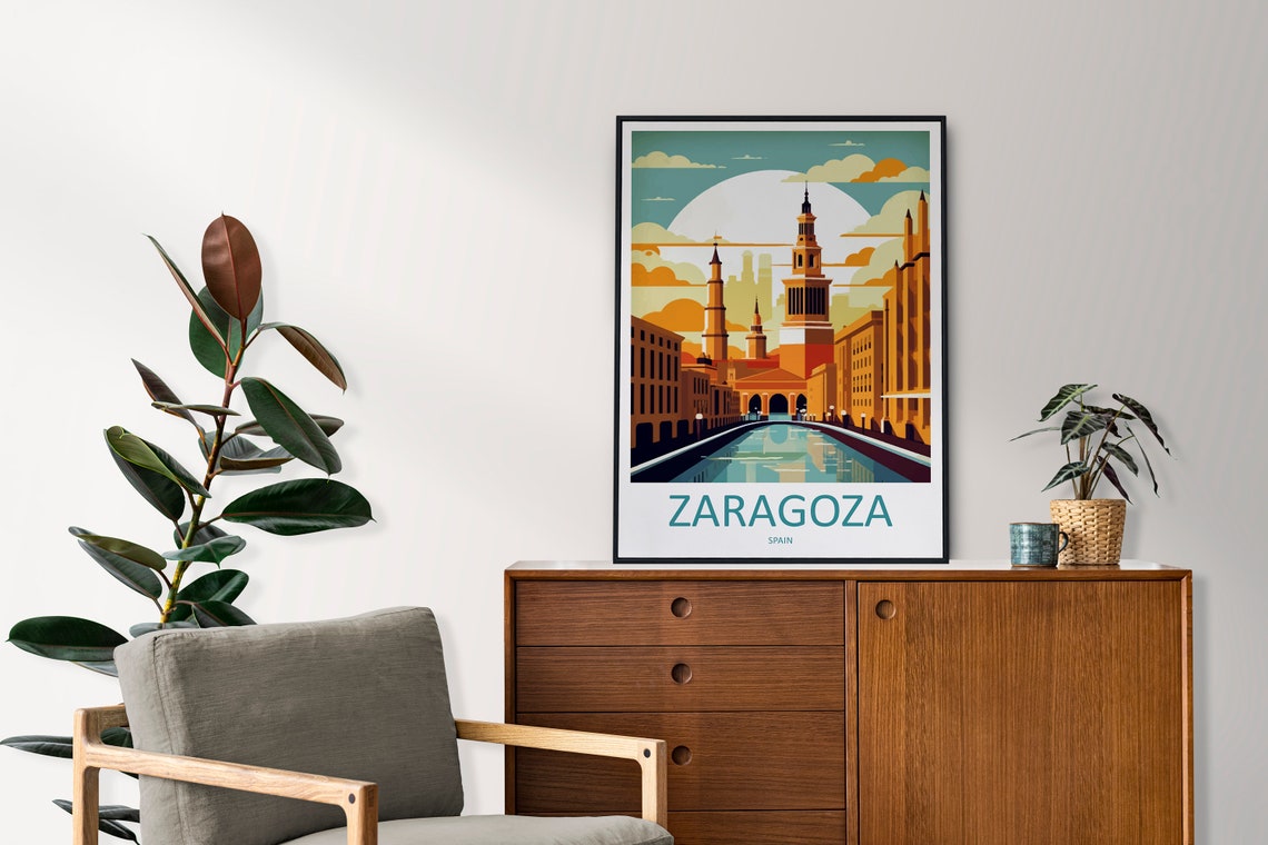 Zaragoza Spain Basilica Towers Riverside Sunset Travel Poster - Image 2