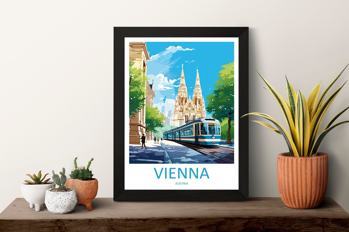Vienna Austria Twin Spired Church Vintage Tram Street Scene Poster - Image 3