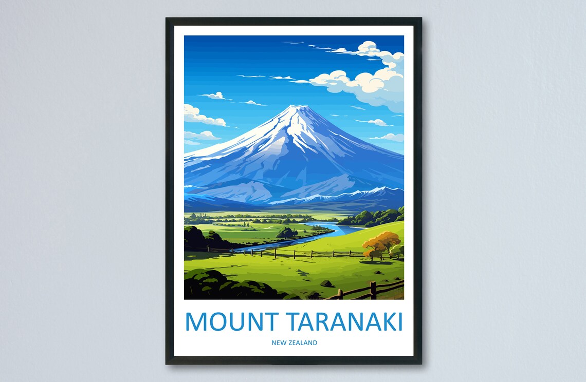 Mount Taranaki New Zealand Volcano Vintage Landscape Travel Poster