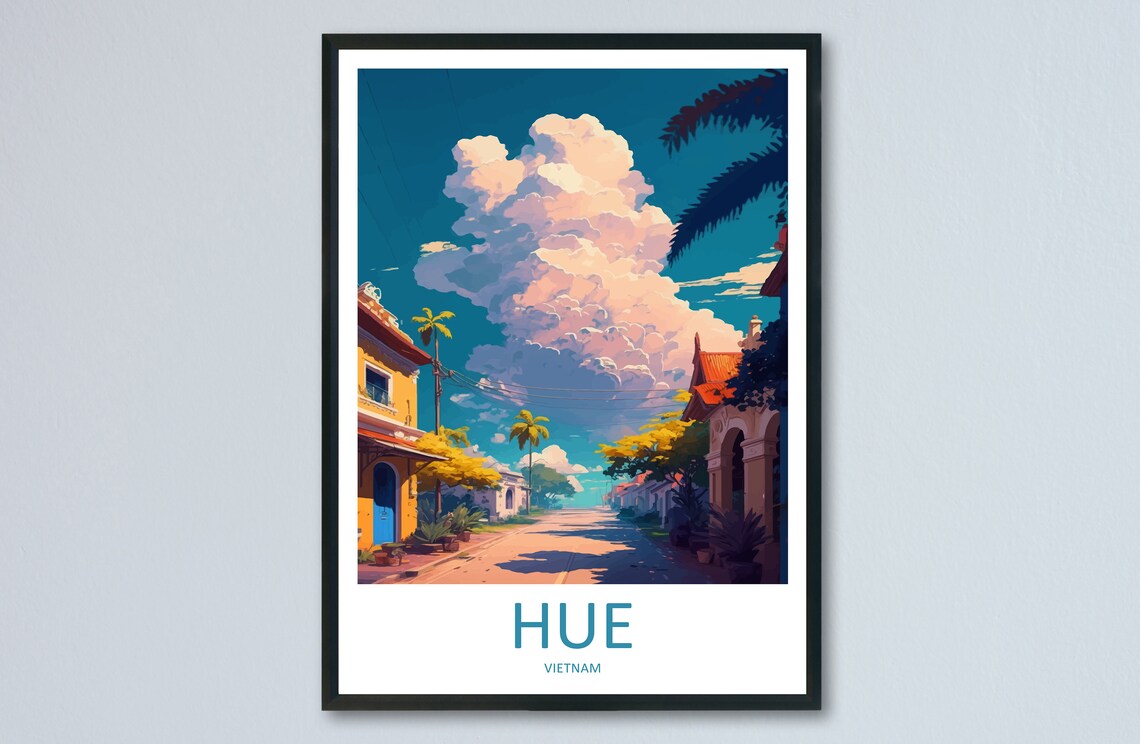 Hue Vietnam Old Town Street Travel Poster Palms Cloud Sky Scene