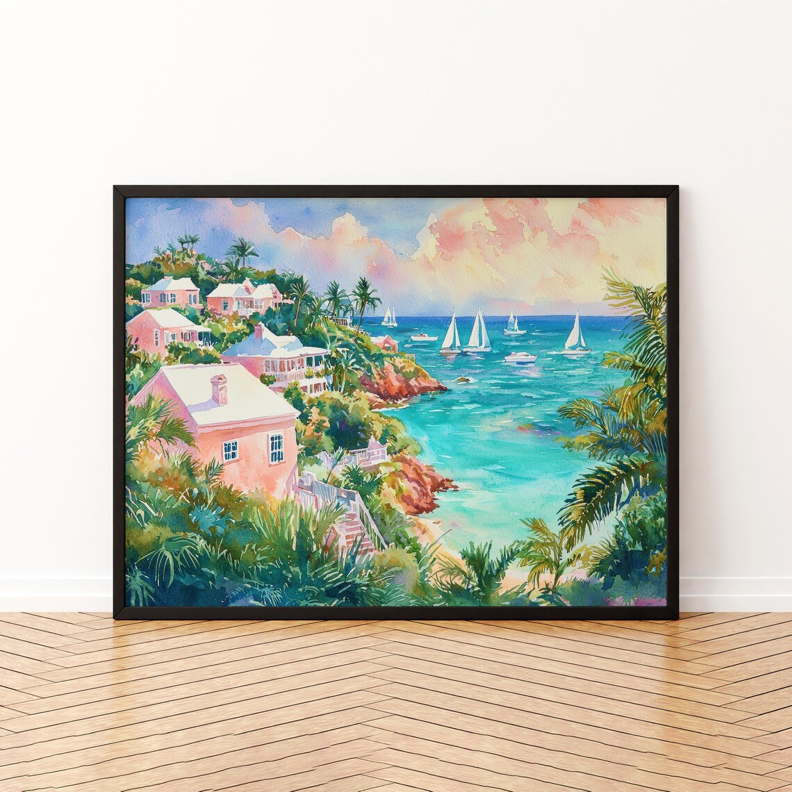 Bermuda Watercolor Travel Poster, Beach Landscape