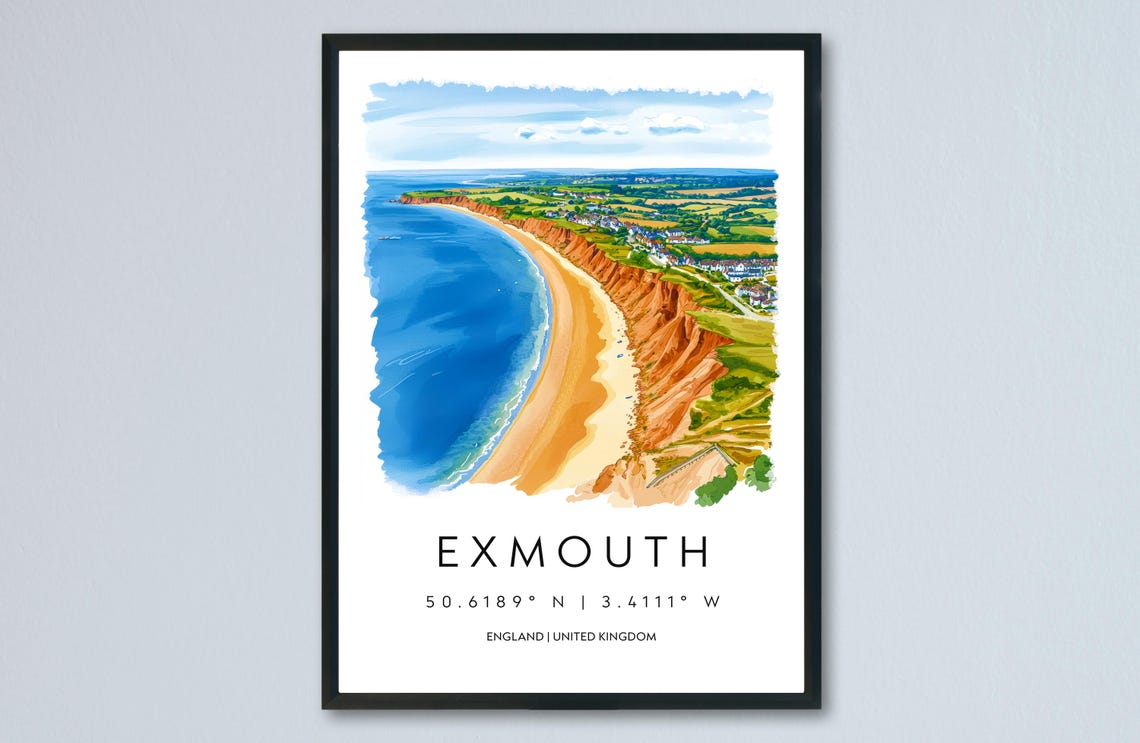 Exmouth Devon Red Sandstone Cliffs Sandy Beach Watercolor Poster