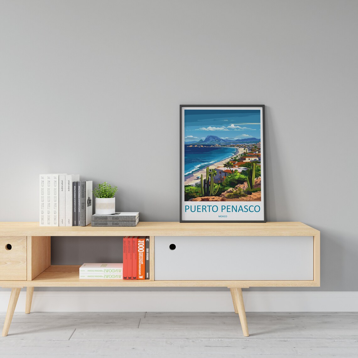 Puerto Penasco Mexico Travel Poster with a Beach, Cacti and Mountain - Image 3