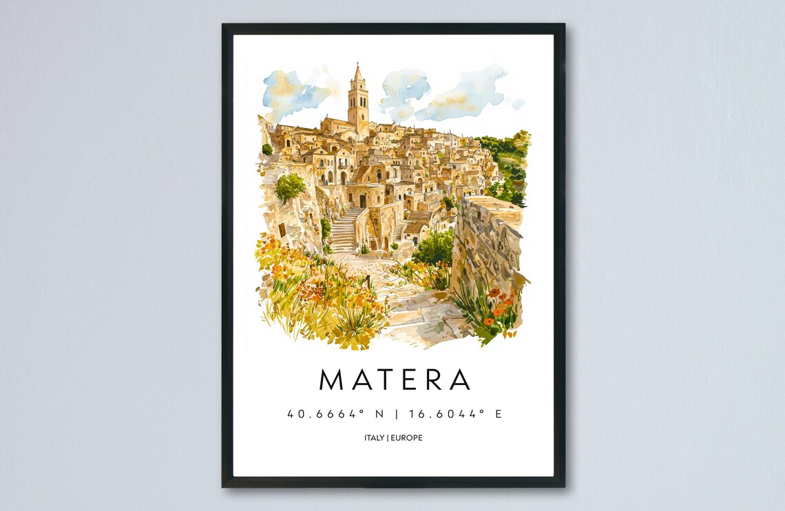 Matera Italy Watercolor Travel Poster Ancient Cave Dwellings View