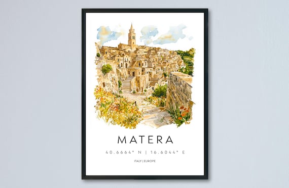 Matera Italy Watercolor Travel Poster Ancient Cave Dwellings View