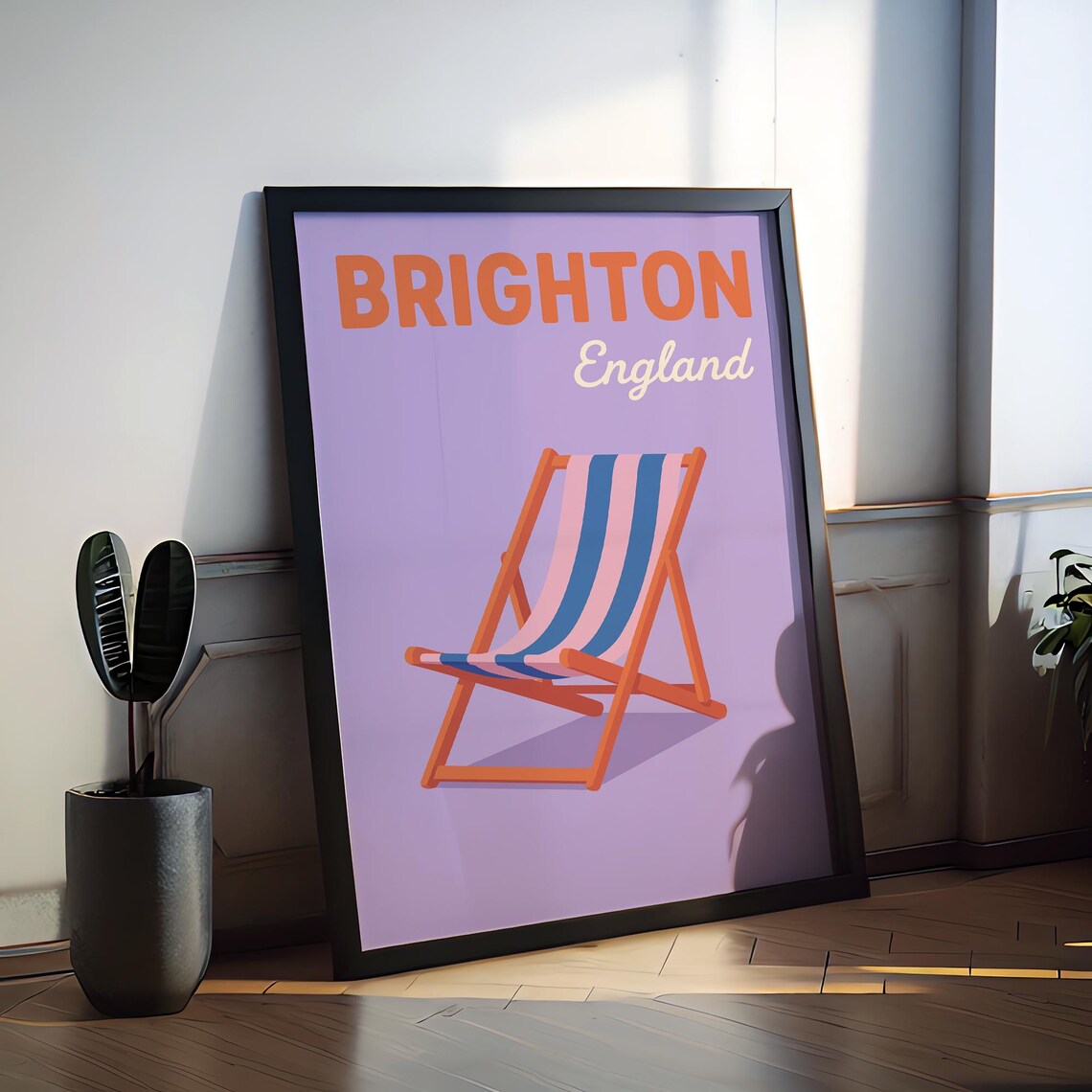 Brighton England Striped Deck Chair Preppy Seaside Travel Poster