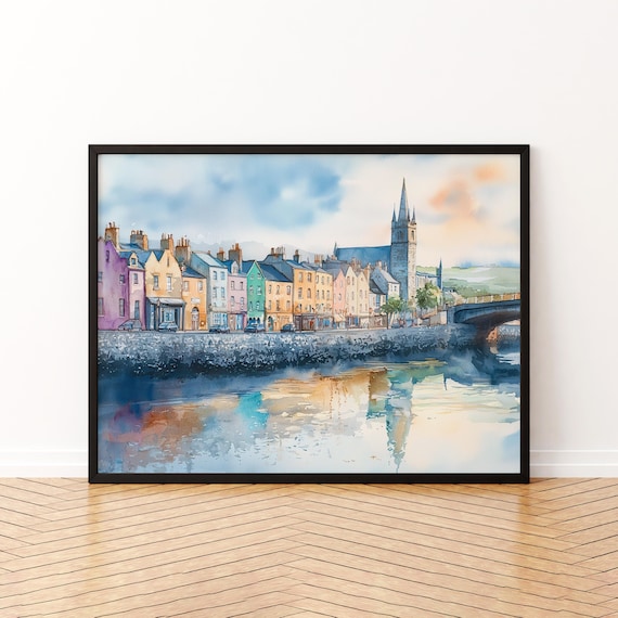 Limerick Colorful Riverside Houses Church Spire Ireland Watercolor Poster