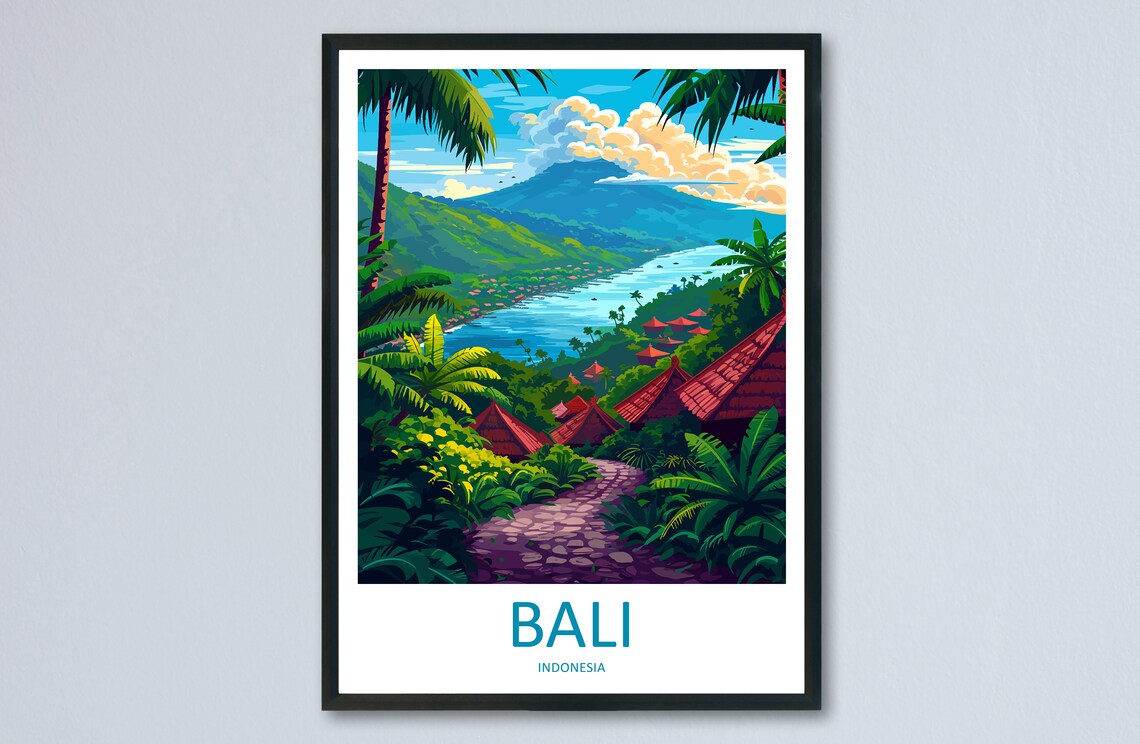 Bali Indonesia Tropical Lake Temple Volcano Jungle Travel Poster