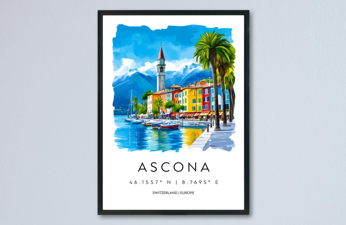 Ascona Switzerland Lakeside Promenade Watercolor Travel Poster