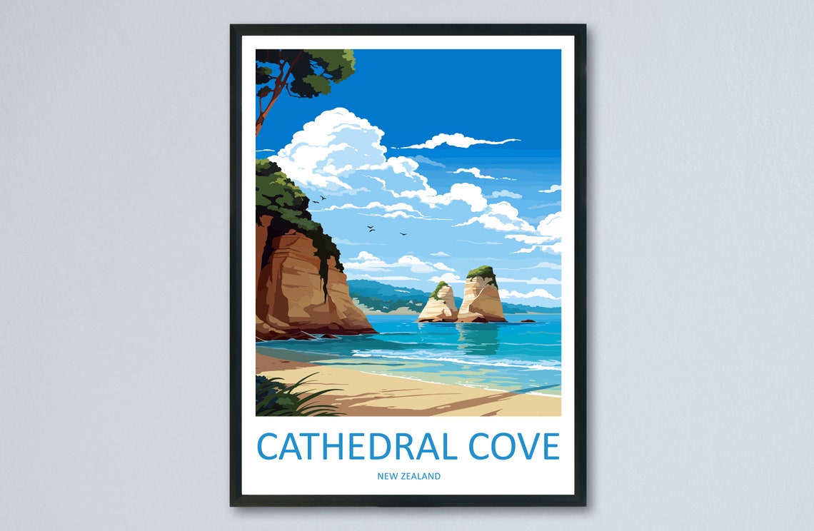 Cathedral Cove New Zealand Beach With Twin Rock Stacks Poster