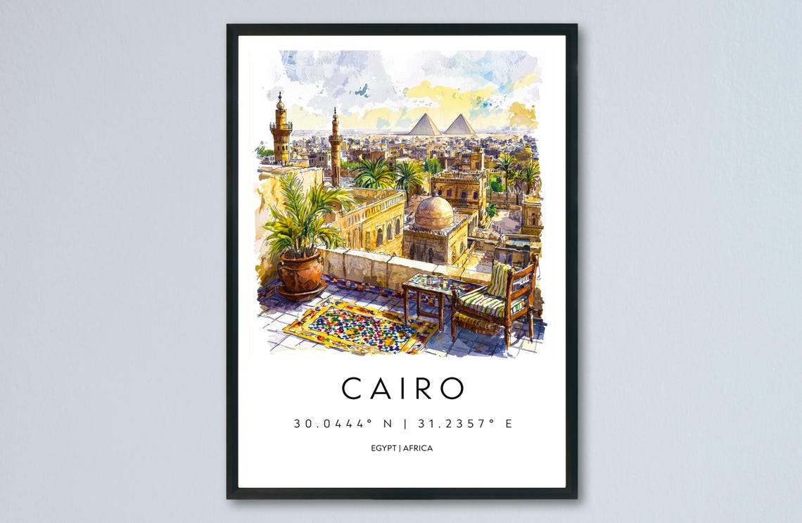 Cairo Rooftop Terrace Pyramids Egypt Watercolor Cityscape Poster