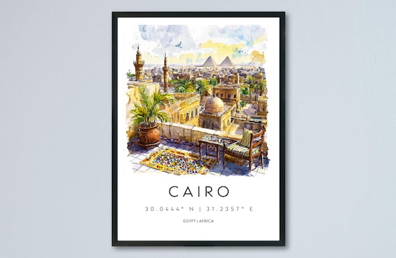 Cairo Rooftop Terrace Pyramids Egypt Watercolor Cityscape Poster