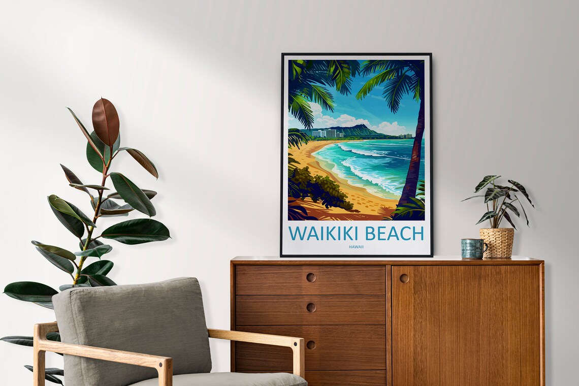 Waikiki Beach Travel Poster, Hawaii Place Art - Image 2