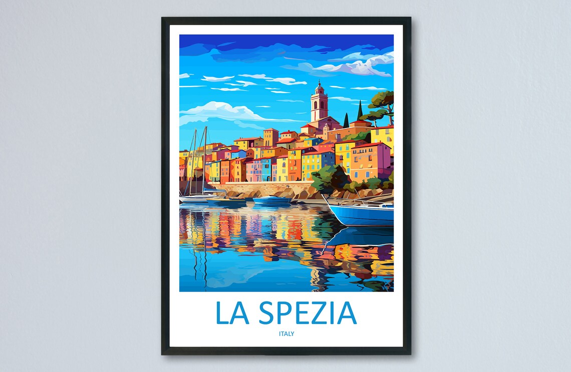 La Spezia Italy Colorful Harbor and Bell Tower Travel Poster Art