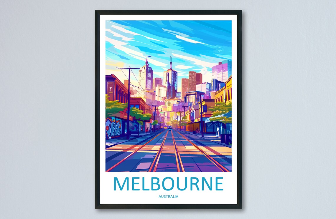 Melbourne Australia Tram Tracks City Street Skyline View Poster