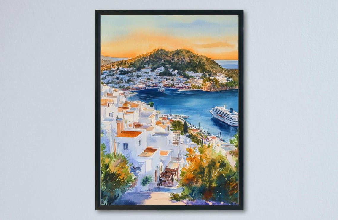 Patmos Greece Sunset Harbor Whitewashed Town Watercolor Poster