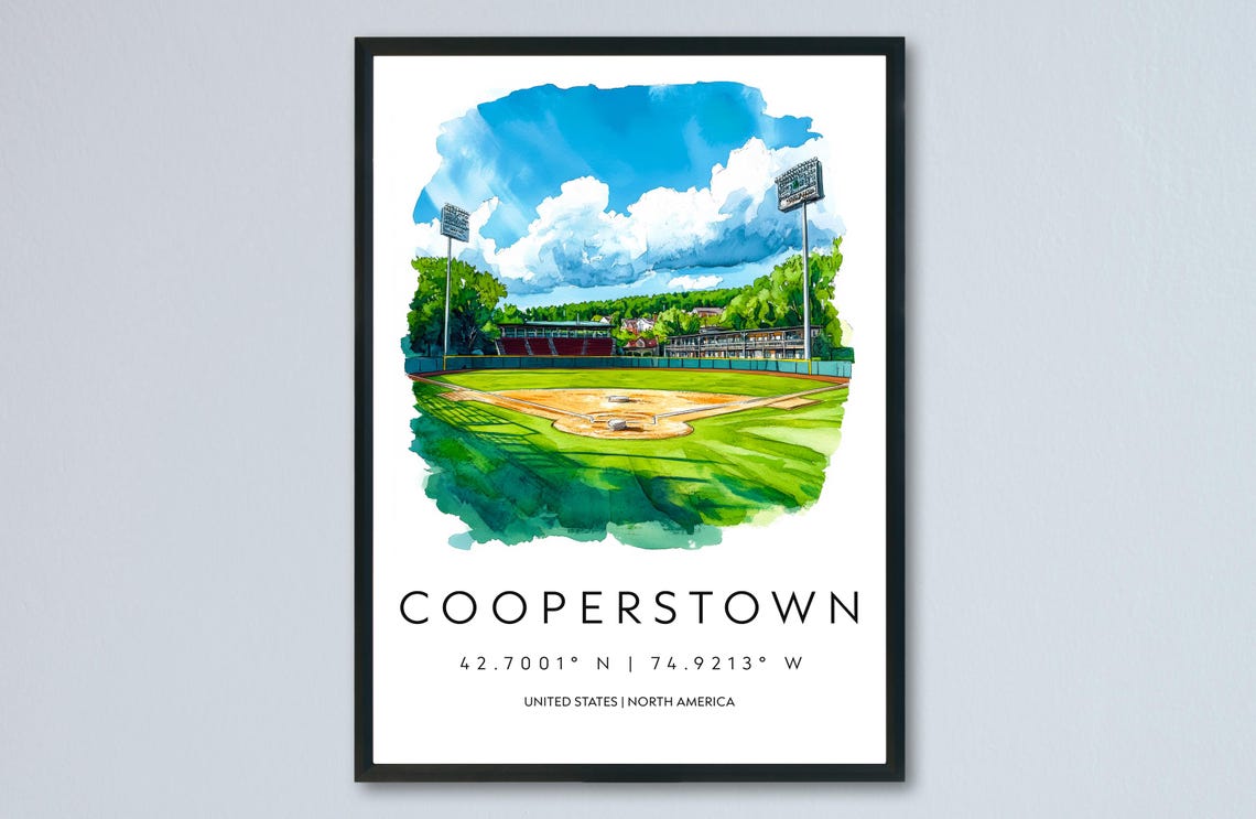 Cooperstown Baseball Stadium Watercolor Sports Poster with Coordinates