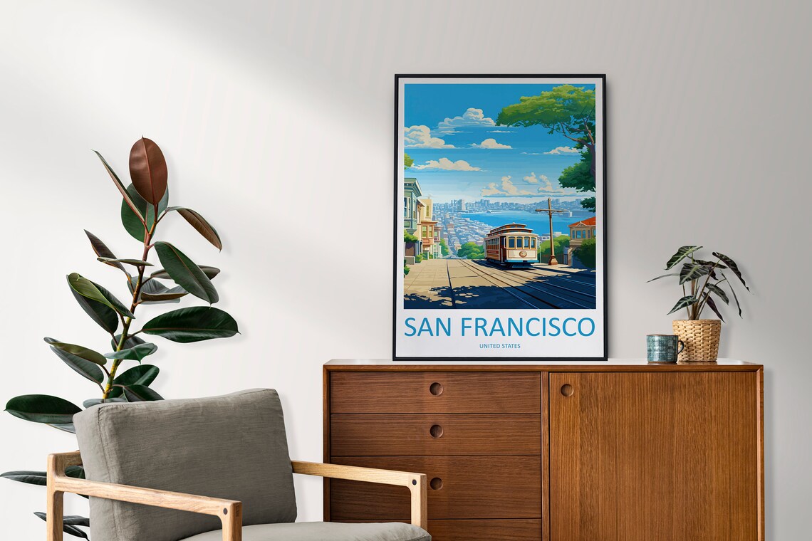 San Francisco California Cable Car Hill Street Bay View Poster - Image 2