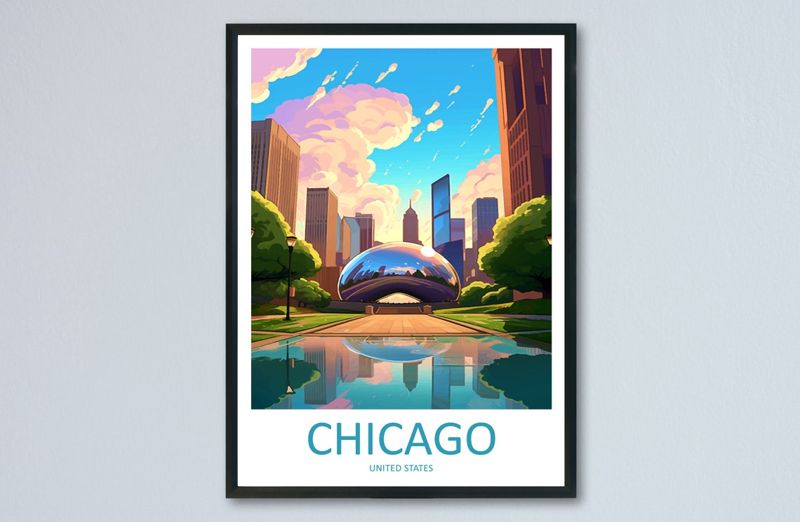 Chicago Cloud Gate Bean Poster at Millennium Park with Skyline