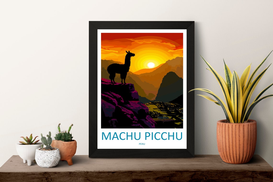 Machu Picchu Peru Llama Silhouette Fiery Sunset Valley Travel Poster - Image 3